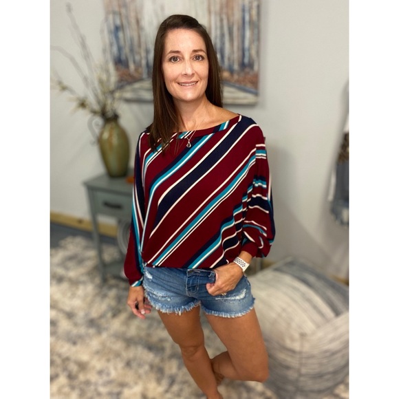 Striped Boatneck Dolman Off Shoulder Burgundy 0120 - Picture 11 of 11